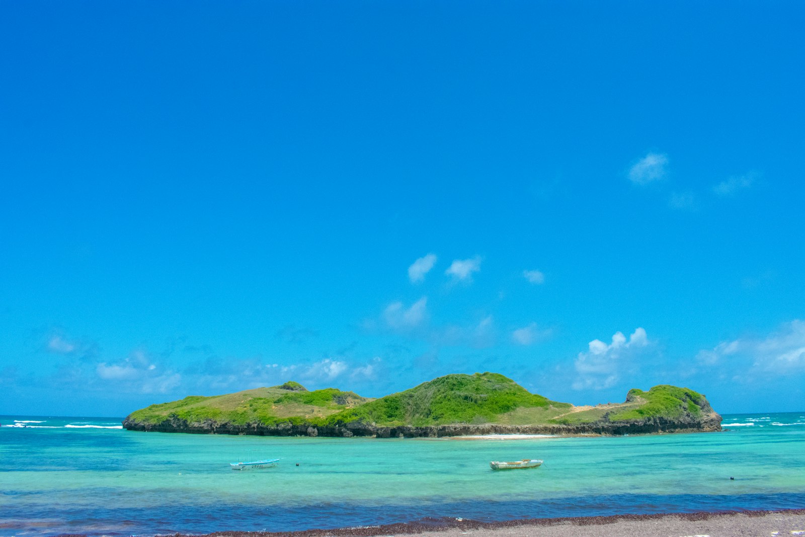 A green island on a blue sea, the kind of setting a dive or watersports operator would highlight
